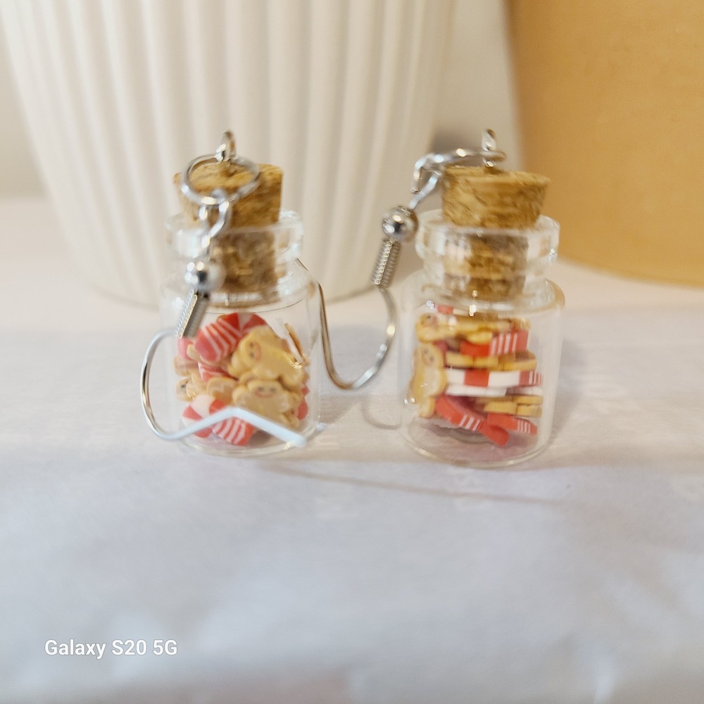 Handmade Tiny Christmas Jar Earrings Santa Candy Cane Bear Charm Dangle Jewelry - Picture 3 of 6